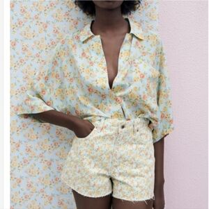 Zara High Waist Floral Denim Shorts